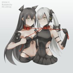 Rule 34 | 2girls, ark john up, arm around shoulder, arm strap, armpits, artist name, black dress, black gloves, black hair, black shorts, blush, breasts, cleavage, closed mouth, clothing cutout, collar, collarbone, commentary, covered navel, cropped legs, crossed bangs, destroyer (girls&#039; frontline), dress, fang, girls&#039; frontline, gloves, grey background, groin, hair between eyes, hair ornament, hand on another&#039;s shoulder, headgear, highleg, highres, hip vent, judge (girls&#039; frontline), leash, leash pull, long hair, looking at viewer, medium breasts, multiple girls, navel, sangvis ferri, shorts, side cutout, silver hair, simple background, sleeveless, sleeveless dress, stomach, strap, turtleneck, turtleneck dress, twintails, underwear, yellow eyes