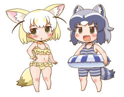 Rule 34 | 2girls, animal ear fluff, animal ears, arm at side, barefoot, bikini, black hair, blonde hair, brown eyes, chestnut mouth, chibi, commentary request, common raccoon (kemono friends), extra ears, fang, fennec (kemono friends), fox ears, fox girl, fox tail, full body, gerotan, grey hair, hand on own hip, innertube, kemono friends, looking at viewer, medium hair, multicolored hair, multiple girls, navel, one-piece swimsuit, parted lips, raccoon ears, raccoon girl, raccoon tail, simple background, smile, standing, stomach, swim ring, swimsuit, tail, two-tone hair, white background, white hair