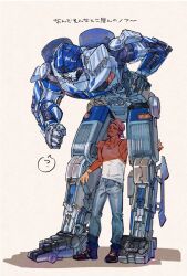 Rule 34 | 1boy, ?, autobot, backwards hat, beard, black footwear, blue eyes, blue pants, boots, brown background, clenched hand, denim, facial hair, hand on own hip, hat, highres, jeans, leaning forward, looking down, looking up, mecha, mi (q9 zjmimimi), mirage (transformers), noah diaz, pants, pink headwear, robot, spoken question mark, tank top, transformers, transformers: rise of the beasts, transformers (live action), wheel, white tank top