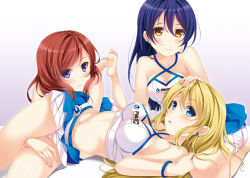 Rule 34 | 10s, 3girls, asakura ryou (artist), ayase eli, bare shoulders, barefoot, blue eyes, blue hair, blush, breasts, earrings, hair down, hand on another&#039;s head, hino minato (spec.c), jewelry, long hair, looking at viewer, love live!, love live! school idol project, lying, medium breasts, midriff, multiple girls, navel, nishikino maki, on back, race queen, red hair, short hair, skirt, sonoda umi