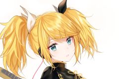 Rule 34 | 1girl, absurdres, bad id, bad twitter id, black ribbon, black shirt, blonde hair, blouse, blue eyes, commentary request, hair ornament, hairclip, headphones, highres, kagamine rin, kagamine rin (roshin yuukai/hard rkmix), looking at viewer, parted lips, ribbon, roshin yuukai (vocaloid), shirt, sidelocks, simple background, solo, tokkyu, twintails, vocaloid, white background, white ribbon, yellow ribbon