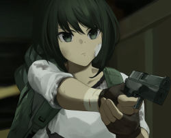 Rule 34 | 1girl, bandage on face, bandages, black eyes, black hair, blurry, blurry background, close-up, dimension traveler catherine, expressionless, fingerless gloves, gloves, guardian tales, gun, highres, holding, holding gun, holding weapon, mk87, ponytail, shirt, solo, weapon, white shirt