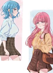 Rule 34 | 2girls, asahina yuni, bag, blue eyes, blue hair, blue shirt, breasts, brown bag, brown shirt, brown skirt, collared shirt, commentary, cropped legs, dress shirt, earrings, hashtag-only commentary, highres, jewelry, kyou wa kanojo ga inai kara, long hair, looking at viewer, medium breasts, medium hair, multiple girls, open mouth, pink hair, plaid, plaid skirt, pleated skirt, rorol reime, school uniform, shirt, shirt tucked in, shoulder bag, sidelocks, skirt, sleeves past elbows, sleeves rolled up, star (symbol), star earrings, taki fuuko, wolf cut