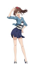 Rule 34 | 1girl, absurdres, blue eyes, brown hair, highres, idolmaster, idolmaster million live!, official art, one eye closed, open mouth, ponytail, satake minako, skirt, solo, transparent background