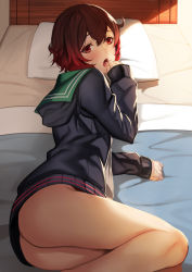 Rule 34 | 10s, 1girl, :o, ass, bed, blanket, blurry, bottomless, brown hair, depth of field, deras, eyebrows, eyelashes, from above, gradient hair, hair between eyes, hand to own mouth, highres, hood, hood down, hooded jacket, jacket, kantai collection, light particles, long sleeves, looking at viewer, looking back, lying, multicolored hair, mutsuki (kancolle), mutsuki kai ni (kancolle), no panties, on bed, on side, open mouth, pillow, red eyes, red hair, school uniform, serafuku, shade, short hair, sleeves past wrists, solo, tongue