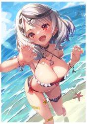 Rule 34 | 1girl, :d, amanuki-san, bare shoulders, beach, bikini, black collar, blue sky, blush, border, bracelet, breasts, caution tape, claw pose, cleavage, cloud, collar, collarbone, commentary request, dot nose, ear piercing, earrings, fang, grey hair, heart, hololive, jewelry, large breasts, looking at viewer, medium hair, nail polish, open mouth, piercing, red eyes, red nails, sakamata chloe, sky, smile, solo, starfish, swimsuit, thigh strap, thighs, virtual youtuber, water, wet, white border