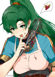 Rule 34 | 1girl, absurdres, apron, breasts, chocolate, dress, fire emblem, fire emblem: the blazing blade, fire emblem heroes, green eyes, green hair, high ponytail, highres, large breasts, long hair, looking at viewer, lyn (fire emblem), nintendo, non-web source, open mouth, ormille, ponytail, smile, white background