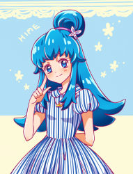 Rule 34 | 10s, 1girl, alternate hairstyle, blue dress, blue eyes, blue hair, blush, character name, dress, english text, eyelashes, fashion, hair ornament, happinesscharge precure!, happy, kagami chihiro, long hair, looking at viewer, matching hair/eyes, precure, shirayuki hime, smile, solo, standing, striped clothes, striped dress