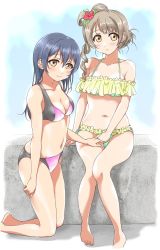 Rule 34 | 10s, 2girls, barefoot, bikini, blue hair, blush, breasts, cleavage, closed mouth, commentary request, curly hair, frilled bikini, frilled swimsuit, frills, grey hair, hair between eyes, hair bun, highres, kneeling, long hair, looking at viewer, love live!, love live! school idol project, medium breasts, minami kotori, multiple girls, navel, one side up, open mouth, simple background, single hair bun, sitting, smile, sonoda umi, swimsuit, tetopetesone, yellow eyes