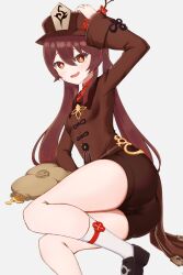 Rule 34 | 1girl, absurdres, artist request, ass, bag, black shorts, blush, breasts, brown eyes, brown hair, chinese clothes, coattails, female focus, genshin impact, hat, highres, hu tao (genshin impact), long hair, looking at viewer, money, open mouth, short shorts, shorts, sitting, small breasts, smile, solo, twintails, very long hair, yokozuwari