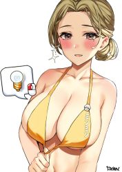 Rule 34 | 1girl, bikini, bikini pull, blush, breasts, brown eyes, brown hair, character request, clothes pull, collarbone, commentary request, frown (wonderland85711), hair bun, halterneck, halterneck, large breasts, looking at viewer, maplestory, navel, open mouth, pulled by self, short hair, simple background, single hair bun, smile, solo, swimsuit, white background, yellow bikini