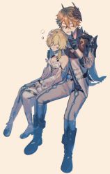 Rule 34 | 1boy, 1girl, ahoge, bad id, bad pixiv id, bare shoulders, blonde hair, breasts, cleavage, closed eyes, coat, collared jacket, dress, finger to mouth, flower, gauntlets, genshin impact, gloves, hair between eyes, hair flower, hair ornament, high heels, jacket, kino (m6t2a), long sleeves, looking at viewer, lumine (genshin impact), mask, mask on head, orange hair, pants, shushing, simple background, sitting, tartaglia (genshin impact), white background, white coat, white dress, white legwear, white pants