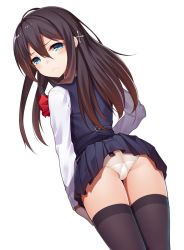 Rule 34 | &gt;:(, 1girl, ass, bad id, bad twitter id, black hair, blue eyes, blush, frown, hair ornament, long hair, looking at viewer, looking back, original, panties, ray-akila, ray littlechamber, simple background, skirt, solo, thighhighs, underwear, v-shaped eyebrows