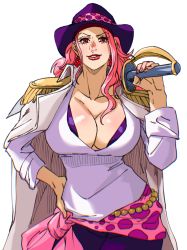 Rule 34 | 1girl, aged down, breasts, cape, charlotte linlin, cleavage cutout, clothing cutout, cowboy hat, curvy, female focus, hand on own hip, hat, highres, holding, holding weapon, large breasts, lipstick, long hair, looking at viewer, makeup, mature female, one piece, ornament, pink hair, pirate costume, red eyes, solo, sword, weapon