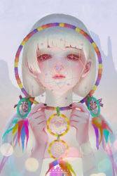 Rule 34 | 1girl, artist name, black nails, blunt bangs, closed mouth, dream catcher, eyelashes, fingernails, holding, looking at viewer, low twintails, making-of available, nail polish, original, pink lips, red eyes, solo, third-party edit, twintails, webang111, white hair
