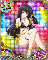 Rule 34 | 1girl, anklet, barefoot, bikini, black bikini, black hair, breasts, card (medium), character name, chess piece, cleavage, closed mouth, high school dxd, high school dxd born, jewelry, large breasts, long hair, looking at viewer, official art, pendant, pink eyes, queen (chess), raynare, smile, solo, swimsuit, trading card, very long hair