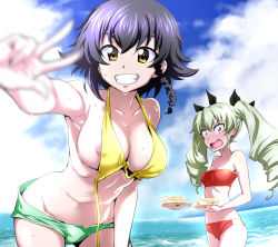 Rule 34 | 10s, 2girls, :d, anchovy (girls und panzer), areola slip, armpits, bare legs, bare shoulders, bikini, bikini top only, black hair, black ribbon, blurry, blurry background, blush, box, breasts, brown eyes, cleavage, cloud, cloudy sky, clueless, collarbone, cowboy shot, day, depth of field, drill hair, food, foreshortening, girls und panzer, green shorts, grin, hair ribbon, halterneck, holding, holding box, horizon, large breasts, leaning forward, looking at viewer, medium breasts, multiple girls, nakahira guy, navel, nipples, nose blush, ocean, open mouth, outdoors, outstretched arm, pepperoni (girls und panzer), red bikini, red eyes, ribbon, round teeth, short hair, short shorts, shorts, side slit, sky, smile, standing, stomach, strapless, strapless bikini, surprised, sweat, swimsuit, teeth, twin drills, twintails, untied bikini, v-shaped eyebrows, wardrobe malfunction, water, wide-eyed, yellow bikini