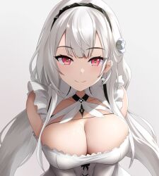 Rule 34 | 1girl, asanagi shion, azur lane, bare shoulders, breasts, breasts squeezed together, cleavage, closed mouth, collarbone, downblouse, dress, frills, from above, grey background, grey hair, hairband, large breasts, long hair, looking at viewer, red eyes, scylla (azur lane), sidelocks, simple background, skindentation, smile, solo, star-shaped pupils, star (symbol), symbol-shaped pupils, tsurime, twintails, v arms, very long hair, white dress, white hair