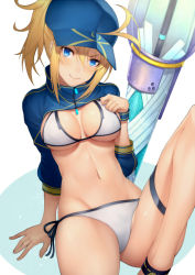 Rule 34 | 1girl, ahoge, ahoge wag, artoria pendragon (fate), baseball cap, bikini, blonde hair, blue eyes, blue hat, blush, breasts, cleavage, closed mouth, expressive hair, fate/grand order, fate (series), hair between eyes, hair through headwear, hat, knee up, kyoeiki, lance, long hair, long sleeves, looking at viewer, medium breasts, mysterious heroine x (fate), mysterious heroine xx (fate), navel, polearm, ponytail, shrug (clothing), simple background, sitting, smile, solo, swimsuit, thighs, twinmyniad (fate), weapon, white background, white bikini, zipper, zipper pull tab