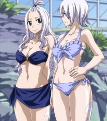 Rule 34 | 2girls, bikini, blue eyes, blush, breasts, cleavage, fairy tail, female focus, highres, large breasts, legs, lisanna strauss, long hair, mirajane strauss, multiple girls, navel, siblings, sisters, smile, stitched, swimsuit, tattoo, third-party edit, white hair