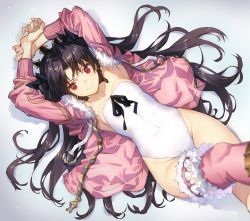 Rule 34 | 1girl, arms up, asymmetrical legwear, bad id, bad twitter id, black hair, commentary request, earrings, fate/grand order, fate (series), fur-trimmed legwear, fur trim, hoop earrings, ishtar (fate), ishtar (swimsuit rider) (fate), jacket, jewelry, long hair, long legs, looking at viewer, lying, on back, one-piece swimsuit, pink jacket, pink thighhighs, red eyes, saitou masatsugu, single thighhigh, solo, swimsuit, thighhighs, tiara, twintails, uneven legwear, white one-piece swimsuit