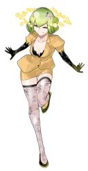 Rule 34 | 1girl, bandai, binary, black footwear, black gloves, black shirt, breasts, cleavage, digimon, digimon story: cyber sleuth, elbow gloves, female focus, floral print, formal, full body, gloves, green hair, hair ornament, jacket, kishibe rie, official art, orange eyes, patterned legwear, pencil skirt, print gloves, print thighhighs, puffy sleeves, shirt, shoes, simple background, skirt, skirt suit, smile, solo, suit, thighhighs, yasuda suzuhito, yellow eyes, yellow skirt, zettai ryouiki