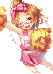 Rule 34 | 1girl, ;d, alternate hairstyle, arm up, armpits, bow, brown eyes, brown hair, cheerleader, glasses, hair bow, happy, looking at viewer, one eye closed, open mouth, pink-framed eyewear, pink bow, pink skirt, pom pom (cheerleading), precure, satou (kuso-neet), shirabe ako, shirt, short hair, skirt, sleeveless, sleeveless shirt, smile, solo, suite precure, white background
