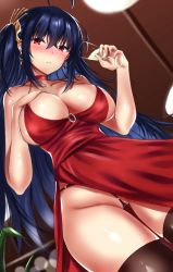 Rule 34 | 1girl, ahoge, azur lane, bad id, bad pixiv id, bare shoulders, black hair, black thighhighs, blush, breasts, brown thighhighs, cleavage, closed mouth, collarbone, cup, dress, drinking glass, earrings, fary5, from below, hair ornament, hand on own chest, highres, hip focus, jewelry, large breasts, long hair, looking at viewer, official alternate costume, panties, pantyshot, parted lips, red dress, red eyes, solo, taihou (azur lane), taihou (forbidden feast) (azur lane), thighhighs, thighs, underwear