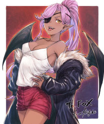 Rule 34 | 1girl, armpit peek, bandages, bat wings, black coat, black wings, blue background, border, breasts, cleavage, coat, collarbone, commentary, commission, cowboy shot, dark-skinned female, dark skin, dutch angle, eyelashes, eyepatch, fangs, fingernails, fur-trimmed coat, fur trim, gradient background, hair intakes, hand on own hip, high ponytail, ivris, long hair, long sleeves, looking at viewer, medium breasts, nail polish, off-shoulder coat, off shoulder, original, outside border, pink hair, pink nails, pointy ears, ponytail, red background, red shorts, short shorts, shorts, signature, simple background, single sidelock, sleeveless, solo, spaghetti strap, standing, tank top, teeth, tongue, tongue out, upper teeth only, v-shaped eyebrows, white tank top, wings, yellow eyes