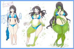 Rule 34 | !?, 1girl, bikini, black hair, blue border, blue eyes, blush, border, breasts, frog, frog girl, izmollizmoll, large breasts, long hair, mirror, monster girl, non-web source, original, plump, simple background, solo, spoken blush, swimsuit, thick thighs, thighs, transformation, webbed hands