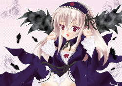 Rule 34 | 00s, 1girl, black wings, breasts, cleavage, doll joints, feathers, flower, frills, gothic lolita, hairband, joints, ko-taro, lolita fashion, lolita hairband, medium breasts, open mouth, red eyes, rose, rozen maiden, silver hair, solo, spread legs, suigintou, wings
