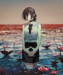 Rule 34 | 1girl, black bow, black bowtie, black choker, black hair, black skirt, bow, bowtie, chainsaw man, champi, choker, collared shirt, commentary, english commentary, flower, green eyes, hair between eyes, hair bun, highres, interlocked fingers, lily pad, looking at viewer, medium hair, own hands together, red flower, reze (chainsaw man), shirt, single hair bun, skirt, sleeveless, sleeveless shirt, smile, solo, standing, wading, water, white shirt