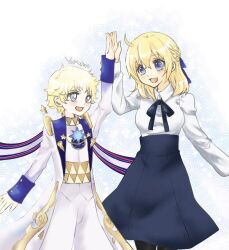 Rule 34 | 1boy, 1girl, alternate hair color, artoria pendragon (all), artoria pendragon (fate), black pantyhose, blonde hair, blue eyes, blue ribbon, blue sky, blush, braid, coat, collared shirt, cosplay, fate/grand order, fate (series), french braid, fujimaru ritsuka (female), fujimaru ritsuka (female) (anniversary blonde), hair ribbon, high-waist skirt, high five, long sleeves, looking at another, neck ribbon, open mouth, pantyhose, ribbon, saber (fate), saber (fate) (cosplay), shirt, short hair, skirt, sky, smile, voyager (fate), voyager (second ascension) (fate), white background, white coat, white shirt, yamuimo