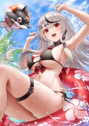 Rule 34 | 1girl, absurdres, armpits, belt collar, bikini, black bikini, black collar, black hair, blue sky, blush, braid, breasts, cleavage, collar, day, double bikini, fang, grey hair, hair between eyes, hair ornament, hairclip, highres, hololive, inu (sakamata chloe), large breasts, long hair, looking at viewer, multicolored hair, navel, open mouth, outdoors, red bikini, red eyes, roina (effj7473), sakamata chloe, side-tie bikini bottom, sideboob, single braid, sitting, sky, smile, solo, streaked hair, swimsuit, teeth, thigh strap, thighs, underboob, upper teeth only, virtual youtuber, water, wet, x hair ornament