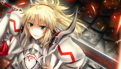 Rule 34 | 1girl, angry, armor, artist name, blonde hair, clarent (fate), dated, fate/apocrypha, fate (series), gauntlets, green eyes, hair ornament, hair scrunchie, highres, medium hair, mordred (fate), mordred (fate/apocrypha), ponytail, scrunchie, solo, spiked hair, stone floor, trw18 th