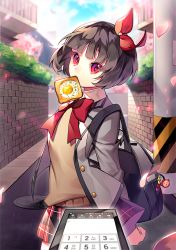 Rule 34 | 1girl, backpack, bad id, bad pixiv id, bag, black bag, black hair, bread slice, cellphone, commentary, day, egg, egg (food), food, food in mouth, fried egg, fried egg on toast, grey jacket, hair ornament, hair ribbon, jacket, looking at viewer, mouth hold, original, outdoors, phone, red eyes, red ribbon, red skirt, ribbon, sal gun, short hair, skirt, solo, toast, toast in mouth, uniform
