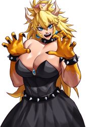 Rule 34 | 1girl, absurdres, armlet, bare shoulders, black collar, black dress, blonde hair, blue eyes, bowsette, bracelet, breasts, claw pose, claws, cleavage, collar, crown, dress, earrings, highres, horns, jewelry, large breasts, long hair, looking at viewer, mario (series), new super mario bros. u deluxe, nintendo, pointy ears, ponytail, sharp teeth, solo, sotcho, spiked armlet, spiked bracelet, spiked collar, spikes, strapless, strapless dress, super crown, teeth