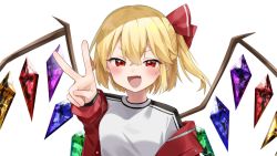 Rule 34 | 1girl, alternate costume, blonde hair, blush, crystal, fang, flandre scarlet, hair between eyes, highres, jacket, masho makamaka, no headwear, one side up, open mouth, red eyes, simple background, solo, touhou, upper body, white background, wings