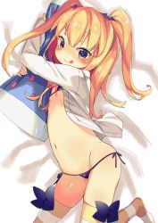 Rule 34 | 1girl, atage, bad id, bad twitter id, bikini, blonde hair, blue eyes, blush, flat chest, hair ornament, inactive account, looking at viewer, navel, original, side-tie bikini bottom, simple background, solo, striped clothes, striped thighhighs, swimsuit, thighhighs, tongue, twintails, two side up