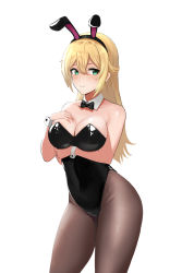 Rule 34 | 1girl, absurdres, animal ears, arm under breasts, bare arms, bare shoulders, black leotard, blonde hair, blush, bow, bowtie, breasts, brown pantyhose, collarbone, contrapposto, cowboy shot, detached collar, fake animal ears, green eyes, hair between eyes, hairband, hand on breast, hands up, highleg, highleg leotard, highres, leotard, long hair, looking at viewer, medium breasts, original, pantyhose, playboy bunny, rabbit ears, shiny clothes, sidelocks, simple background, smile, solo, standing, strapless, strapless leotard, tari (aegr3883), wrist cuffs