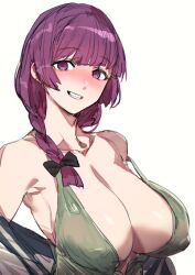Rule 34 | 1girl, alternate breast size, blush, bocchi the rock!, bow (bhp), braid, braided ponytail, breasts, cleavage, clenched teeth, collarbone, commentary request, dress, green dress, hiroi kikuri, large breasts, long hair, looking at viewer, no bra, purple eyes, purple hair, simple background, smile, solo, teeth, white background