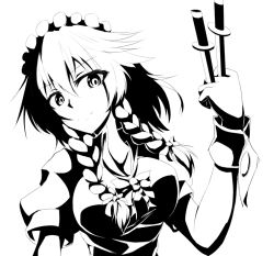 Rule 34 | 1girl, arm up, between fingers, bow, bowtie, braid, greyscale, head tilt, holding, holding knife, izayoi sakuya, knife, knives between fingers, maid, maid headdress, monochrome, short hair, smile, solo, solo focus, touhou, twin braids, white background, zaki tarou