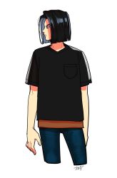 Rule 34 | 1boy, alternate costume, android 17, arms at sides, black hair, black shirt, blue eyes, breast pocket, brown shirt, denim, dragon ball, dragonball z, expressionless, fingernails, highres, jeans, looking away, male focus, okada (hoooojicha), pants, pocket, profile, shaded face, shirt, short hair, simple background, solo, standing, upper body, white background