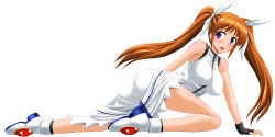 Rule 34 | 00s, 1girl, black gloves, blonde hair, blue eyes, blush, breasts, covered erect nipples, gloves, hair ribbon, impossible clothes, impossible shirt, long hair, lyrical nanoha, magical girl, mahou shoujo lyrical nanoha, mahou shoujo lyrical nanoha strikers, medium breasts, ribbon, shirt, simple background, solo, takamachi nanoha, twintails, white background, zerosu (take out)
