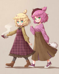 Rule 34 | 2girls, :d, arinu, bag, benimo-chan, beret, blonde hair, bright pupils, brown background, brown dress, brown footwear, brown headwear, dress, food, from side, full body, green eyes, hat, highres, holding, holding bag, holding food, long sleeves, looking at viewer, multiple girls, one side up, open mouth, original, pink hair, pink shirt, plaid, plaid dress, purple footwear, red dress, roasted sweet potato, shirt, simple background, smile, sweet potato, v, walking, white pupils, yakiimo-chan, yellow shirt