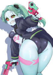 Rule 34 | 1girl, angry, ass, breasts, cameltoe, cetta (cettadvd), clenched teeth, colored sclera, cyberpunk (series), cyberpunk edgerunners, dual wielding, female focus, from behind, green eyes, green hair, gun, highres, holding, huge ass, jacket, leaning, leaning forward, long hair, looking at viewer, looking back, medium breasts, rebecca (cyberpunk), red sclera, revealing clothes, shiny clothes, shiny skin, short shorts, shorts, sideboob, solo, teeth, thick thighs, thighs, twintails, weapon, wide hips