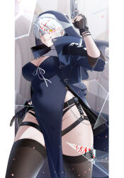 Rule 34 | 1girl, bechu, black gloves, black thighhighs, blue dress, blue eyes, blue jacket, breasts, broken glass, chain, cleavage, devil may cry (series), dress, fingerless gloves, genderswap, genderswap (mtf), glass, gloves, grin, gun, habit, heterochromia, high collar, highres, holding, holding gun, holding weapon, jacket, large breasts, looking at viewer, nero (devil may cry), nun, open clothes, open jacket, pelvic curtain, smile, solo, thighhighs, weapon, white hair, yellow eyes