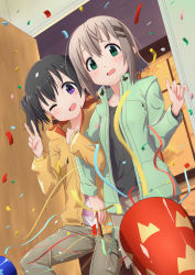 Rule 34 | 2girls, arm up, black hair, black shirt, blue eyes, brown pants, brown shorts, commentary, confetti, cowboy shot, doorway, from below, green eyes, green jacket, hair ornament, hairclip, head tilt, indoors, jacket, kohshibasaki, kuraue hinata, leg lift, light brown hair, locked arms, looking at viewer, multiple girls, one eye closed, open clothes, open door, open jacket, open mouth, pants, party popper, pov, shirt, short hair, shorts, striped clothes, striped shirt, twintails, v, yama no susume, yellow jacket, yukimura aoi