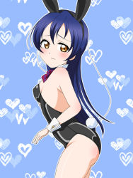 Rule 34 | 1girl, artist name, artist request, bare legs, bare shoulders, black leotard, blue background, blue hair, blush, bow, bowtie, breasts, brown eyes, collarbone, female focus, hair between eyes, leotard, long hair, looking at viewer, love live!, love live! school idol project, nervous, parted lips, playboy bunny, rabbit ears, rabbit tail, red bow, sideboob, small breasts, smile, solo, sonoda umi, white wrist cuffs, wing collar, worried, wrist cuffs, yellow eyes
