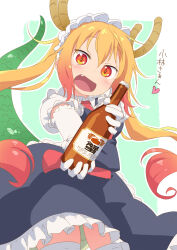Rule 34 | :d, alcohol, beer, beer bottle, black dress, blonde hair, border, bottle, commentary request, dragon girl, dragon horns, dragon tail, dress, drink, elbow gloves, fang, frilled dress, frills, gloves, gradient hair, green background, heart, highres, holding, holding bottle, holding drink, horns, kobayashi-san chi no maidragon, looking at viewer, maid, maid headdress, multicolored hair, necktie, open mouth, orange eyes, outline, outside border, puffy sleeves, red hair, red necktie, samansa ex, smile, tail, thighhighs, tohru (maidragon), tongue, white border, white gloves, white outline, white thighhighs